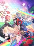  animal blonde_hair castle cherry_blossoms european_clothes fire_emblem fire_emblem_if flower grin highres horseback_riding japanese_clothes kariya_(mizore) leon_(fire_emblem_if) moon multiple_boys multiple_riders ponytail rainbow riding rose smile takumi_(fire_emblem_if) unicorn white_hair 