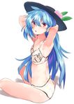  armpits arms_behind_head ass asuzemu bare_arms bare_legs black_hat blue_hair bra flat_chest hair_between_eyes hat hinanawi_tenshi long_hair looking_at_viewer looking_back panties red_eyes shiny shiny_hair simple_background sitting solo touhou underwear underwear_only v white_background white_bra white_panties 