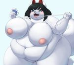  2017 4_fingers anthro areola barely_visible_genitalia belly big_belly big_breasts biped black_hair black_nose blue_eyes blush breast_squish breasts canine deep_navel digital_drawing_(artwork) digital_media_(artwork) eye_markings eyelashes fangs female fluffy fluffy_tail fox front_view fur grey_background hair hi_res holding_object huge_breasts humanoid_hands japanese kakizaki kemono kneeling long_hair long_tail looking_at_viewer mammal markings navel nipples nude obese open_mouth open_smile overweight overweight_female pink_nipples pink_pussy pink_tongue portrait puffy_areola pussy red_markings simple_background smile solo subtle_pussy tape_measure thick_thighs three-quarter_portrait tongue white_fur white_tail wide_hips yosioka_san 