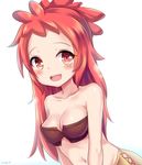  bare_shoulders blush breasts cleavage collarbone eyebrows large_breasts long_hair looking_at_viewer made_in_abyss mitty_(made_in_abyss) mitty_(made_in_abyss)_(human) navel open_mouth red_eyes red_hair shimokirin smile solo tearing_up upper_body 