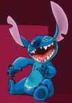  2013 4_fingers 4_toes absurd_res alien blue_claws blue_fur blue_nose chest_tuft claws digital_drawing_(artwork) digital_media_(artwork) disney experiment_(species) eyes_closed fur gaping_mouth head_tuft hi_res laugh lilo_and_stitch multicolored_fur notched_ear open_mouth open_smile qaizor red_background simple_background sitting smile stitch toes tuft two_tone_fur 