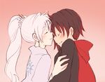  2girls almost_kiss black_hair blush cape eyes_closed hand_on_another&#039;s_arm hood long_hair nagasawa_(tthnhk) ponytail ruby_rose rwby short_hair simple_background weiss_schnee white_hair yuri 