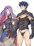  1girl armor black_panties blue_eyes blue_hair blush breasts camilla_(fire_emblem_if) camilla_(fire_emblem_if)_(cosplay) cape cleavage cosplay costume_switch fire_emblem fire_emblem:_akatsuki_no_megami fire_emblem:_souen_no_kiseki fire_emblem_heroes fire_emblem_if gebyy-terar gloves groin hair_over_one_eye highres ike ike_(cosplay) large_breasts leg_hair long_hair looking_at_viewer open_mouth panties purple_eyes purple_hair short_hair smile tiara underwear very_long_hair wavy_hair 