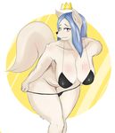  2017 absurd_res anthro bedroom_eyes belly bent_over big_breasts big_thighs bikini biped black_bottomwear black_clothing black_nose black_topwear blue_hair breasts canine cleavage clothed clothing collarbone crown digital_drawing_(artwork) digital_media_(artwork) dufffluffyfox eyelashes female fluffy fluffy_tail fox front_view fur hair half-closed_eyes hanging_breasts hi_res huge_breasts humanoid_hands inner_ear_fluff legs_together long_hair looking_at_viewer mammal portrait purple_eyes seductive shoulder_tuft simple_background slightly_chubby smile standing string_bikini swimsuit three-quarter_portrait undressing voluptuous white_background white_fur white_tail wide_hips yellow_background 