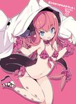  argyle artist_name bangs bikini blade_(galaxist) blanket blue_eyes blush cosplay dated dragon_horns dragon_tail elizabeth_bathory_(fate) elizabeth_bathory_(fate)_(all) eyebrows_visible_through_hair fate/extra fate/grand_order fate_(series) frilled_bikini frills front-tie_top horn_ornament horns long_hair looking_at_viewer medjed medjed_(cosplay) navel neck_garter open_mouth outline pink pink_background pink_bikini pink_hair platform_footwear sandals side-tie_bikini signature simple_background smile solo swimsuit tail wristband 