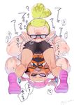  1girl ass_grab bike_shorts blush cameltoe domino_mask fat fat_man glass heavy_breathing highres inkling mask nose serizawa_nae simple_background smelling speech_bubble splatoon_(series) sweat tentacle_hair translation_request upside-down white_background 