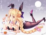  animal_ears ass bare_shoulders blonde_hair blush bow bowtie braid breasts bunny_ears bunny_tail bunnysuit cleavage date_a_live drink food hair_bow hair_ribbon hand_up high_heels highres hoshimiya_mukuro large_breasts leg_lift long_hair lying md5_mismatch on_stomach open_mouth pantyhose pink_bow pink_neckwear ribbon solo tail tsubasaki yellow_eyes 