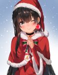  1girl alternate_costume arm_at_side bauble black_hair blurry blush bow cape capelet chitanda_eru choker christmas christmas_ornaments christmas_tree commentary depth_of_field dress english_commentary eyelashes fur-trimmed_cape fur-trimmed_sleeves fur_trim hair_between_eyes hair_intakes hand_up hat head_tilt highres holding hyouka long_hair long_sleeves looking_at_viewer mery_(apfl0515) one_eye_closed outdoors purple_eyes red_dress santa_costume santa_hat shiny shiny_hair smile snow snow_globe snowing solo standing star upper_body wide_sleeves 