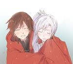  2girls blush brown_hair cape eyes_closed hood long_hair nagasawa_(tthnhk) ponytail ruby_rose rwby shared_cape short_hair smile weiss_schnee wet wet_clothes white_hair yuri 