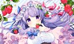  adapted_costume bangs blue_bow bow breasts capelet commentary_request flower food fruit hair_bow hat hat_bow large_breasts long_hair looking_at_viewer mob_cap patchouli_knowledge pink_hat purple_eyes purple_hair red_bow shiika_yuno smile solo strawberry touhou upper_body white_flower 