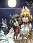 :d animal_ears arctic_hare_(kemono_friends) bare_shoulders black_gloves black_hair black_jacket black_neckwear blonde_hair blue_eyes bow bowtie bunny_ears commentary_request dango elbow_gloves extra_ears eyebrows_visible_through_hair food full_moon fur_collar gloves grey_wolf_(kemono_friends) hair_between_eyes hands_on_lap hat hat_feather heterochromia high-waist_skirt holding holding_food jacket kaban_(kemono_friends) kemono_friends long_hair long_sleeves looking_up lucky_beast_(kemono_friends) moon multicolored_hair multiple_girls necktie night night_sky open_mouth print_gloves print_neckwear print_skirt red_eyes red_shirt serval_(kemono_friends) serval_ears serval_print shirt short_hair short_sleeves skirt sky sleeveless smile star_(sky) susuki_grass thighhighs tsukasawa_takamatsu tsukimi tsukimi_dango wagashi wavy_hair white_hair white_shirt wolf_ears yellow_eyes 