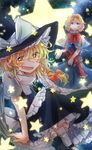  alice_margatroid apron blonde_hair blue_eyes blush book bow braid broom broom_riding capelet dress hair_bow hair_ribbon hat highres kirisame_marisa looking_at_viewer multiple_girls neck_ribbon night night_sky open_mouth ribbon short_hair sky smile star star_(sky) tigern touhou witch_hat yellow_eyes 