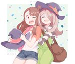  blush brown_hair dress hair_over_one_eye hat highres kagari_atsuko little_witch_academia long_hair multiple_girls open_mouth pale_skin pink_hair purple_hair red_eyes short_hair simple_background smile sucy_manbavaran witch witch_hat yuri 