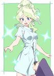  alternate_hairstyle blonde_hair blue_eyes blush diana_cavendish dress hat highres kagari_atsuko light_green_hair little_witch_academia long_hair multicolored_hair multiple_girls nurse nurse_cap open_mouth out_of_frame pov pov_hands simple_background sparkle surprised sweatdrop tama_(tama-s) two-tone_hair wand witch 