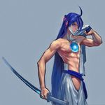  ahoge android areolae bare_chest blue_background blue_eyes clenched_hand closed_mouth core glowing hair_down holding holding_sword holding_weapon japanese_clothes kamui_gakupo long_hair looking_at_viewer male_focus nipples purple_hair shikuchouson simple_background solo sword toned toned_male very_long_hair vocaloid weapon 