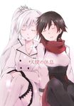  2girls black_hair eyes_closed leaning_on_person long_hair nagasawa_(tthnhk) open_mouth ponytail ruby_rose rwby scarf short_hair simple_background sleeping weiss_schnee white_background white_hair 