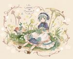  blue_eyes blue_hair book copyright_name dress flower full_body grass headdress made_in_abyss male_focus maruruk mushroom onigiri_(ginseitou) otoko_no_ko reading short_hair sitting skirt smile solo whistle 