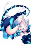  1girl 3eye :d ass asymmetrical_clothes blue_eyes cameltoe diabla_(elsword) elsword highres horns long_hair looking_at_viewer luciela_r._sourcream open_mouth pointy_ears short_eyebrows single_pantsleg smile symbol-shaped_pupils tail upside-down white_background white_hair 