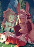  1other :3 animal_ears blush bunny_ears claws closed_eyes ears_through_headwear fur furry hat helmet long_hair made_in_abyss mitty_(made_in_abyss) mitty_(made_in_abyss)_(human) monster monster_girl nanachi_(made_in_abyss) outdoors qiqiuqiu red_eyes red_hair sad_smile sitting smile transparent white_hair writing yellow_eyes 