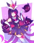 1girl alternate_costume alternate_hair_color alternate_hairstyle boots elbow_gloves energy_ball forehead_protector gloves grin league_of_legends long_hair magical_girl purple_eyes purple_hair skirt solo star star_guardian_syndra syndra 