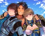  1girl 2boys armor blonde_hair blush breasts brown_eyes brown_hair cloth clouds day grin looking_at_viewer multiple_boys necklace outdoors shin_sangoku_musou shin_sangoku_musou_7 sima_zhao sky smile teeth touching wang_yuanji zhong_hui 