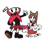  2girls 30s :d animal_ears bangs black_footwear black_jacket blouse brown_hair commentary_request crossover cuphead cuphead_(game) disembodied_head drinking_straw eyebrows_visible_through_hair fat-feit hand_on_hip holding_brush imaizumi_kagerou jacket kneeling long_hair long_sleeves looking_at_another looking_at_viewer multiple_girls oldschool open_mouth pac-man_eyes paint_tube paintbrush palette parted_lips pleated_skirt red_eyes red_skirt seiza sekibanki shoes simple_background sitting skirt smile standing sweatdrop touhou white_background white_blouse wolf_ears 