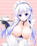  azur_lane bangs belfast_(azur_lane) bent_over blush braid breasts chain collar cup eyebrows_visible_through_hair gloves heart ibobata_stem large_breasts long_hair looking_at_viewer maid maid_headdress nipples silver_hair smile solo teacup teapot tray very_long_hair 