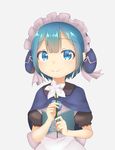  blue_eyes blue_hair blush capelet closed_mouth collared_capelet eyebrows_visible_through_hair flower highres holding holding_flower looking_at_viewer made_in_abyss maid_headdress male_focus maruruk otoko_no_ko pdnt puffy_short_sleeves puffy_sleeves short_hair short_sleeves smile solo upper_body whistle 