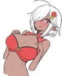  ahoge blush bra breasts cleavage cleavage_cutout commentary_request dark_skin elf embarrassed fang hair_ornament hair_over_one_eye large_breasts looking_at_viewer malice-chan_(malice_stella) malice_stella one_eye_closed open_mouth original pointy_ears red_bra red_eyes simple_background solo underwear upper_body white_background white_hair 