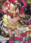  bare_shoulders bell black_hair brown_eyes center_opening copyright_name fire_emblem fire_emblem:_thracia_776 fire_emblem_cipher lara long_hair midriff navel official_art open_mouth ponytail sandals solo sparkle sword teeth weapon 