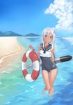  beach black_sailor_collar black_swimsuit blue_eyes blue_sky cloud covered_navel crop_top day flower hair_flower hair_ornament highres kantai_collection lifebuoy long_hair one-piece_swimsuit one-piece_tan outdoors ro-500_(kantai_collection) rure sailor_collar school_swimsuit silver_hair sky solo swimsuit swimsuit_under_clothes tan tanline torpedo wading water 