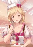  :d apron blonde_hair blush blush_stickers brown_eyes cake chef_hat collarbone colorized commentary djeeta_(granblue_fantasy) food fork frills fruit granblue_fantasy hat looking_at_viewer milli_little open_mouth plate puffy_short_sleeves puffy_sleeves ribbon short_hair short_sleeves smile strawberry toque_blanche twitter_username 
