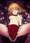  bare_legs blonde_hair breasts chair clothes_lift fang flandre_scarlet frilled_skirt frills hair_ribbon head_tilt heart heart-shaped_pupils highres lifted_by_self looking_at_viewer medium_breasts no_bra open_mouth puffy_short_sleeves puffy_sleeves red_eyes red_ribbon red_skirt ribbon short_sleeves sinkai sitting skirt skirt_set smile solo spread_legs symbol-shaped_pupils touhou underboob vest 