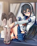  ass black_hair black_legwear blue_eyes blue_skirt blurry blurry_background blush closed_mouth commentary_request desk glasses gloves hairband haregama_shiina highres hip_vent indoors kantai_collection knees_up leaning_back long_hair long_sleeves looking_at_viewer on_desk ooyodo_(kantai_collection) panties panty_pull paper pleated_skirt pulled_by_self school_uniform semi-rimless_eyewear serafuku sitting skirt smile solo tablecloth thighhighs under-rim_eyewear underwear undressing uniform very_long_hair white_gloves white_hairband white_panties 