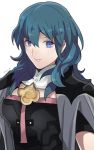  1girl armor blue_eyes blue_hair breasts byleth cape fire_emblem fire_emblem:_fuukasetsugetsu long_hair looking_at_viewer nintendo rem_sora410 short_hair simple_background solo white_background 