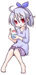  :3 ahoge alternate_hairstyle barefoot blue_shirt blush bow closed_mouth collarbone commentary_request eyebrows_visible_through_hair full_body hair_between_eyes hair_bow head_tilt holding holding_spoon hono knees_together_feet_apart looking_at_viewer official_art ponytail purple_bow purple_shorts red_eyes shaved_ice shirt shorts silver_hair simple_background sitting solo spoon suguri suguri_(character) white_background 