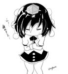  black_skirt blush chibi closed_eyes greyscale hat monochrome pointy_ears shameimaru_aya shirt short_sleeves simple_background skirt taurine_8000mg tokin_hat touhou translated twitter_username white_background 