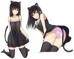  animal_ears ass bare_shoulders black_hair black_legwear blush breasts brown_eyes cat_ears cat_tail collarbone commentary covering covering_crotch dress embarrassed eyebrows_visible_through_hair fake_animal_ears kneeling kureha_(ironika) long_hair looking_at_viewer looking_back multiple_views open_mouth original panties parted_lips pink_panties skirt_hold small_breasts tail thighhighs underwear white_background 