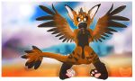  2015 3_toes 4_fingers absurd_res ambiguous_gender angel_dragon anthro black_fur blurred_background border brown_fur dragon dutch_angel_dragon featureless_crotch fluffy front_view fur furred_dragon hi_res horn ilovecorgis looking_at_viewer no_pupils pawpads simple_background sitting solo spikes telephone_(ino89777) toes watermark white_border white_eyes white_fur wings 