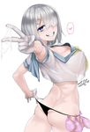  ass black_panties blue_eyes breasts cleavage condom condom_belt covered_nipples crop_top cum cum_in_hands cum_on_clothes empty_eyes flat_ass gloves grin hair_ornament hair_over_one_eye hairclip hamakaze_(kantai_collection) highres j.k. kantai_collection large_breasts looking_at_viewer looking_back no_bra panties panty_pull sailor_collar see-through short_hair silver_hair smile solo teeth underwear used_condom v white_background white_gloves 