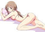 ass bangs barefoot bikini breasts brown_eyes closed_mouth commentary_request cushion eyebrows_visible_through_hair hair_ornament hair_scrunchie large_breasts light_brown_hair long_hair looking_at_viewer lying matsumoto_yoriko mel_(melty_pot) object_hug on_stomach pink_bikini pink_scrunchie ponytail scrunchie shadow side-tie_bikini sideboob sidelocks soles solo swimsuit toes white_background yuyushiki 