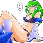  aono3 black_panties breasts cleavage detached_sleeves frog_hair_ornament green_eyes green_hair hair_ornament hair_tubes highres kochiya_sanae navel panties solo touhou translation_request underwear 