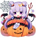  :o alternate_costume basket black_gloves blue_bow bow candy chibi commentary_request crescent crescent_hair_ornament demon_tail demon_wings double_bun dress fang food frilled_dress frills gloves hair_bow hair_ornament halloween halloween_costume holding jack-o'-lantern jpeg_artifacts lollipop long_hair looking_at_viewer open_mouth orange_dress patchouli_knowledge polearm pumpkin purple_eyes purple_hair purple_legwear red_bow shiika_yuno silk simple_background smile solo spider_web striped striped_legwear swirl_lollipop tail thighhighs touhou trident vertical-striped_legwear vertical_stripes very_long_hair weapon white_background wings 