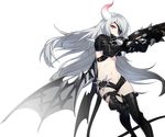  closers demon_girl demon_tail eyepatch flat_chest gloves gun horn leg_up long_hair official_art partly_fingerless_gloves red_eyes short_shorts shorts silver_hair solo succubus tail tekaru thigh_strap thighhighs tina_(closers) transparent_background trigger_discipline very_long_hair weapon wings 