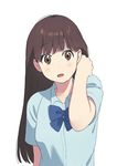  arm_at_side arm_up bangs blue_shirt blunt_bangs blush brown_eyes brown_hair collared_shirt commentary_request eyebrows_visible_through_hair hand_in_hair kawai_makoto long_hair looking_at_viewer open_mouth shirt short_sleeves simple_background solo upper_body white_background wing_collar 