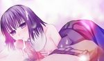  1girl areolae bed black_dress blush breasts cum cum_on_hair fellatio kuonji_alice mahou_tsukai_no_yoru nipples parted_lips penis purple_eyes purple_hair short_hair small_breasts 