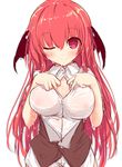  bangs breasts cleavage collarbone head_wings koakuma large_breasts long_hair looking_at_viewer one_eye_closed pandamonium red_eyes red_hair shirt smile solo touhou unbuttoned upper_body vest wet wet_clothes wet_hair white_shirt wing_collar 