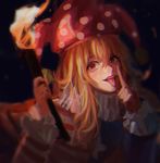  absurdres akanbe american_flag_dress blonde_hair clownpiece commentary_request frilled_shirt_collar frilled_sleeves frills hair_between_eyes hat highres jester_cap long_sleeves looking_at_viewer polka_dot qin_xin red_eyes smile solo tongue tongue_out torch touhou upper_body 