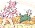  1girl :d bed butterfly_hair_ornament clenched_hands closed_eyes dress green_shirt hair_ornament hair_over_one_eye heart hottate john_wayne_vercingetorix layered_dress long_hair maria_cadenzavna_eve open_mouth pink_hair pink_skirt senki_zesshou_symphogear shirt short_hair skirt smile sweat under_covers very_long_hair 