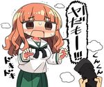  bangs blunt_bangs blush brown_hair chibi clothes_sniffing commentary d: eyebrows_visible_through_hair girls_und_panzer green_skirt heavy_breathing kanikama long_hair long_sleeves lowres ooarai_school_uniform open_mouth orange_eyes out_of_frame pleated_skirt pov pov_hands sailor_collar school_uniform serafuku shirt shouting simple_background skirt smelling solo_focus standing sweat sweatdrop sweating_profusely takebe_saori translated trembling white_background white_shirt 
